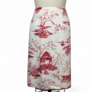 Talbots Silk Red and White Scenic Pencil Skirt